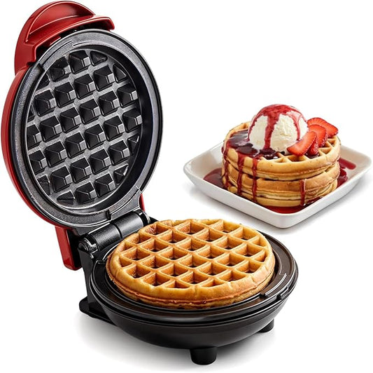 Elite Gourmet EWM015R# Electric Nonstick 4.5-inch Mini Waffle Maker, Belgian Waffles, Compact Design, Hash Browns, Keto, Snacks, Sandwich, Eggs, Easy to Clean, Red