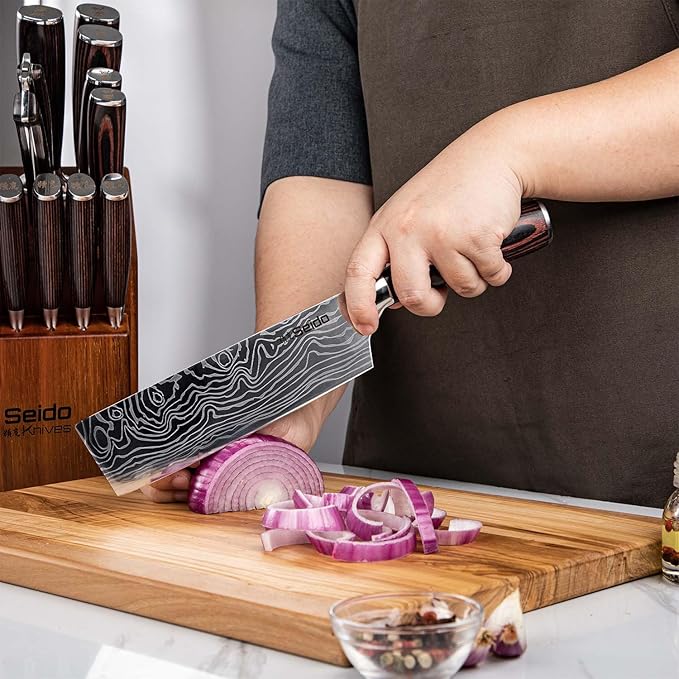Seido Knives 5-Piece Damascus Master Chef Knife Set - Includes Gyuto, Santoku, Nakiri, Paring Knives - High-Carbon Stainless Steel Kitchen Knives