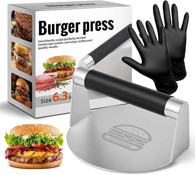 304 Stainless Steel Smash Burger Press with Heat-Resistant Gloves for Burger Lovers: Prevent From Getting Burned - 6.3 Inches Non Stick Hamburger Smasher Tool for BBQs and Cookouts - Dishwasher Safe