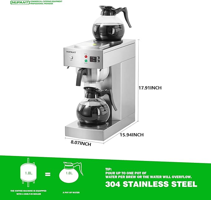 NUPANT 12-Cup Commercial Coffee Maker with Water Line 1.8L Auto-Filling Drip Coffee Maker Machine with 2 Glass Carafes and 2 Warmers Stainless Steel Pour over Coffee Brewer for Restaurant Office cafe