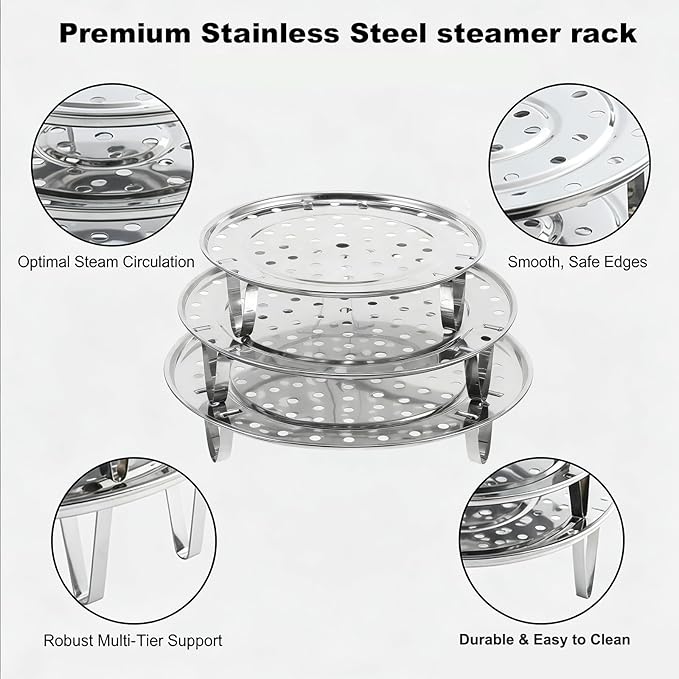 Round Stainless Steel Steamer Rack, 7.6" 8.5" 9.33" Inch Steaming Rack, Removable Stands, for steamer, Stock Pot, Pressure Cooker, Cooking, baking bread, vegetable salad (3 Pcs)
