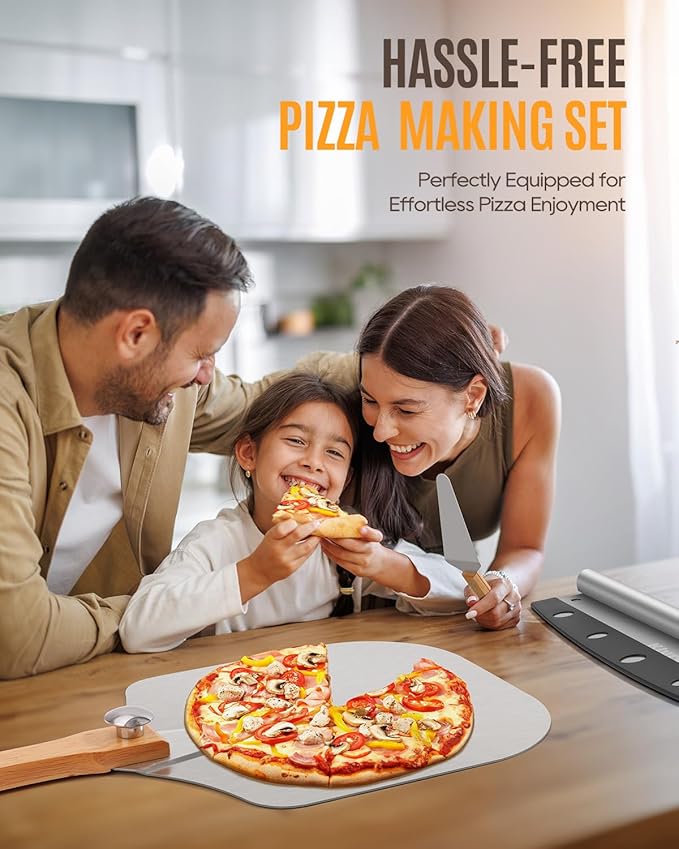 KLYRO Pizza Peel Aluminum Pizza Spatula Set, 12 x 14 Inch Metal Pizza Paddle with Foldable Wooden Handle, Pizza Rocker Cutter, Pizza Server, Pizza Oven Accessories for Baking Homemade Pizza Bread