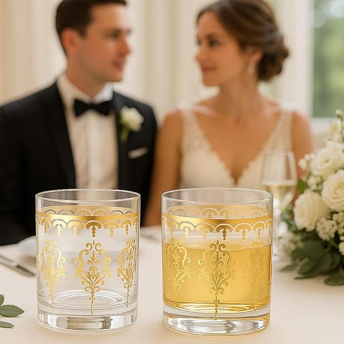 Khen Clear Moroccan Tumbler Glassware | Set of 2 | Gold Ornate Vintage Decorative Drinking Cups, Retro Bohemian Pattern Barware for Water, Whiskey, Cocktail, Iced Tea, Durable Embossed Home Drinkware