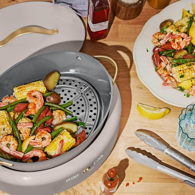 Beautiful 10-in-1 Electric Multi-Cooker by Drew Barrymore, 6-quart, digital display, 10 cooking functions, non-stick pot, easy one-touch control (Porcini Taupe)