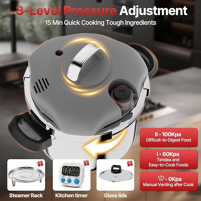Kitlead Pressure Cooker Stainless Steel,One-Hand Locking/Rotating Lock,Compatible with Gas & Induction, Fast Cooking for Large Meals,Dishwasher Safe,Olla de Presion (5 Quarts)
