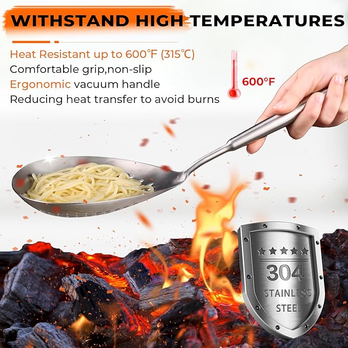MARTE Skimmer Slotted Spoon,304 Stainless Steel Pasta Spider Strainer Ladle for Frying and Cooking, Set of 2 Colanders & Food Strainers，Kitchen Utensils Spaghetti Spoon with Heat-Resistant Handle