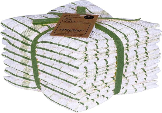 AMOUR INFINI Kitchen Dish Cloths Set of 8 - Ultra Soft, Highly Absorbent, Quick-Drying Terry Cotton Dishcloths 12"x12" Inch Wash & Cleaning Cloths for Kitchen & Dishwashing (Green)