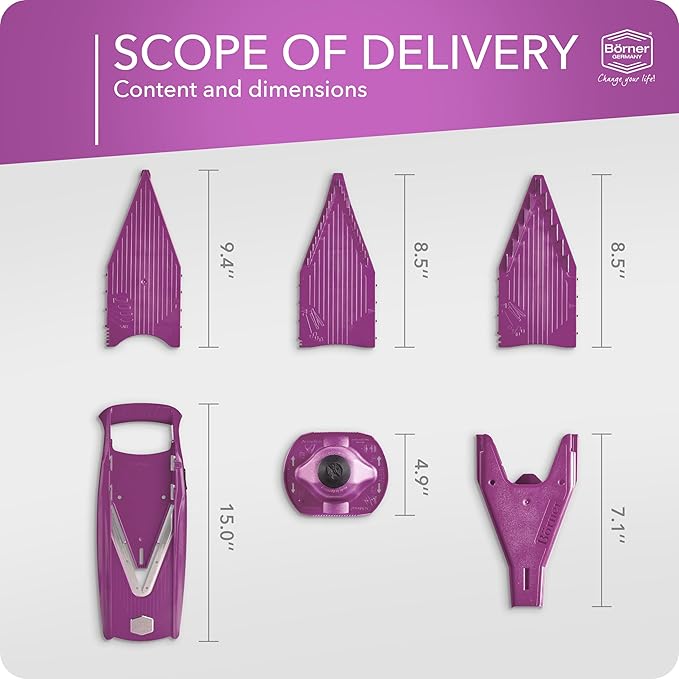 Börner Mandoline Slicer V5 (Starter Set) • Vegetable V-Slicer for Slices, Sticks & Dices in Various Sizes • With Stainless Steel V-Blade • Adjustable Kitchen Slicer • Color: Purple