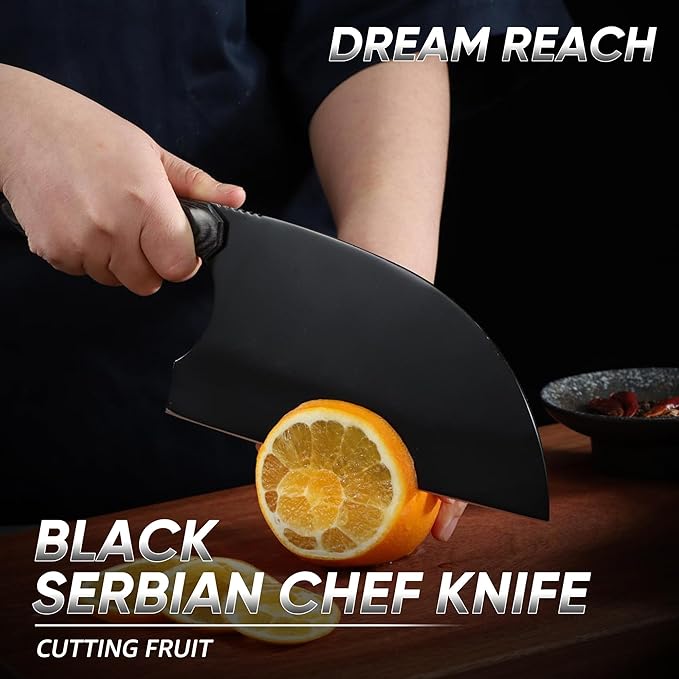 Dream Reach Serbian Chef Knife - Full Tang Butcher Cleaver for Meat Vegetables, Hand Forged Black Chopping Knife for Kitchen Birthday Mother Father Gift Idea