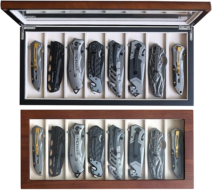 Bonaking Knife Display Case for 8 Pocket Knives Pocket Knife Case Storage Box for Men's Gift Knife Cases for Collections with Walnut Finish and Glass Window Top
