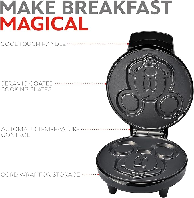 Disney Mickey Mouse 7" Round Waffle Maker by Select Brands - Premium Mickey Mouse Kitchen Appliance with Ceramic Nonstick Coating - Disney Kitchen Appliances - 7" Mickey Character Waffles