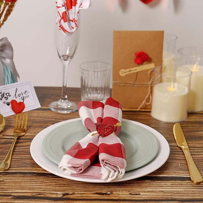 Red Heart Napkin Rings Serviette Holder Set of 8, Metal Love Napkin Ring with Gold Buckles for Valentine's Day, Wedding, Birthday Party, Thanksgiving Day, Christmas Day,Dining Table Decoration