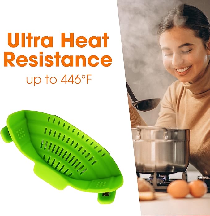 Cheer Collection Silicone Clip on Pot Strainer, Heat-resistant Snap-On Strainer for Pasta, Noodles, Rice, Meats and Vegetables, Green