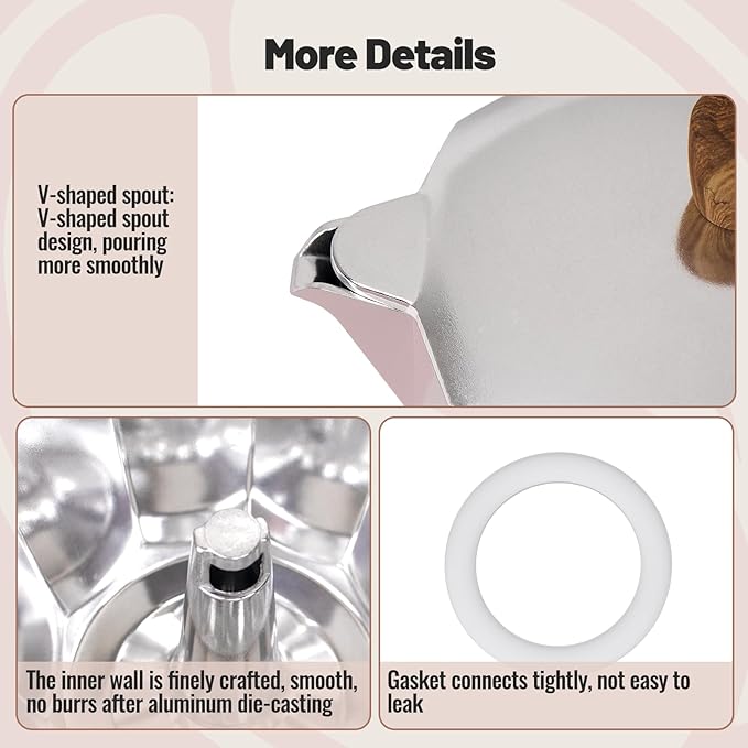 Vaolvpant 3 Cup Aluminum Moka Pot Classic Stovetop Espresso Coffee Maker 150ml 5oz Coffeemaker Percolator Mocha Pot Greca Coffee Maker Cafe Makers for Italian and Cuban Café Brewing Pink