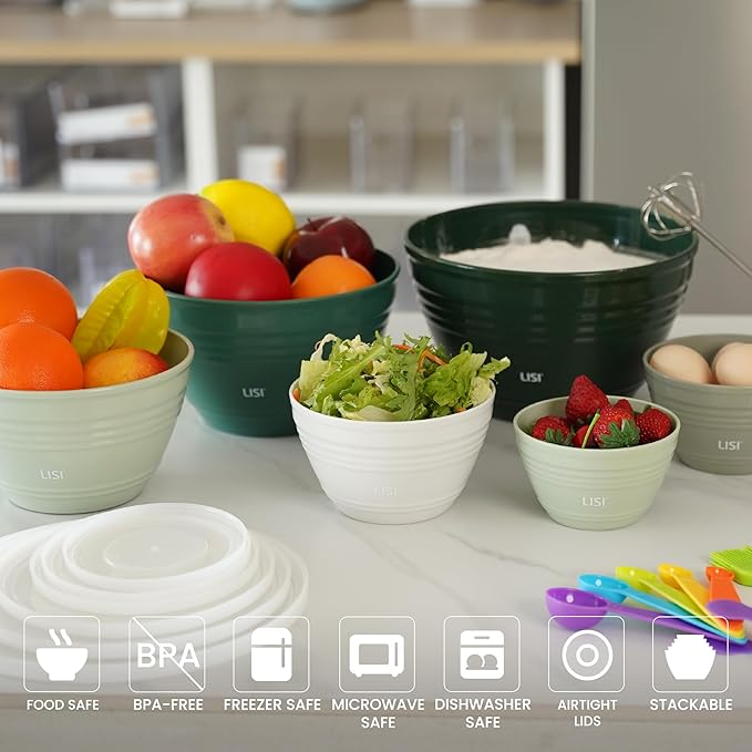 LISI 6 Pack Mixing Bowl Set with Lids, Plastic Bowls for Kitchen, Nesting Salad & Meal Prep Bowls, BPA-Free, Large Storage Bowl with Airtight Lids