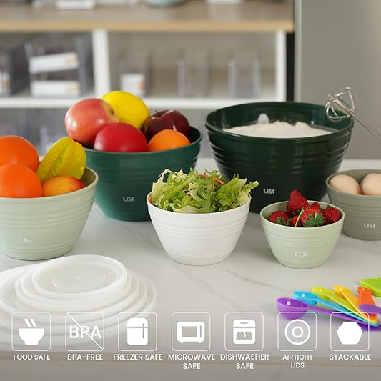 LISI 6 Pack Mixing Bowl Set with Lids, Plastic Bowls for Kitchen, Nesting Salad & Meal Prep Bowls, BPA-Free, Large Storage Bowl with Airtight Lids