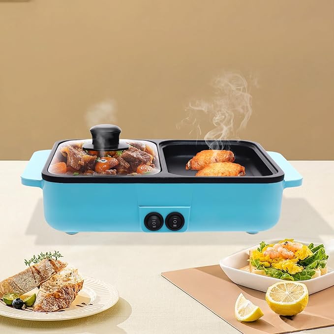 Electric Grill Hot Pot 2 in 1 Indoor Smokeless Hotpot Pot Electric Cooker Electric Hot Pot with Grill with Divider-Separate Dual Temperature Contral Korean BBQ Grill (Blue)