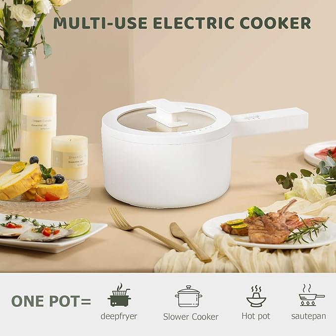 Electric Hot Pot, 1.5L Ceramic Glaze Non-stick Mini Pan, Portable Electric Pot for Steak, Egg, Fried Rice, Ramen, Oatmeal, Soup with 2 Power Adjustment, Electric Pot for Dorm
