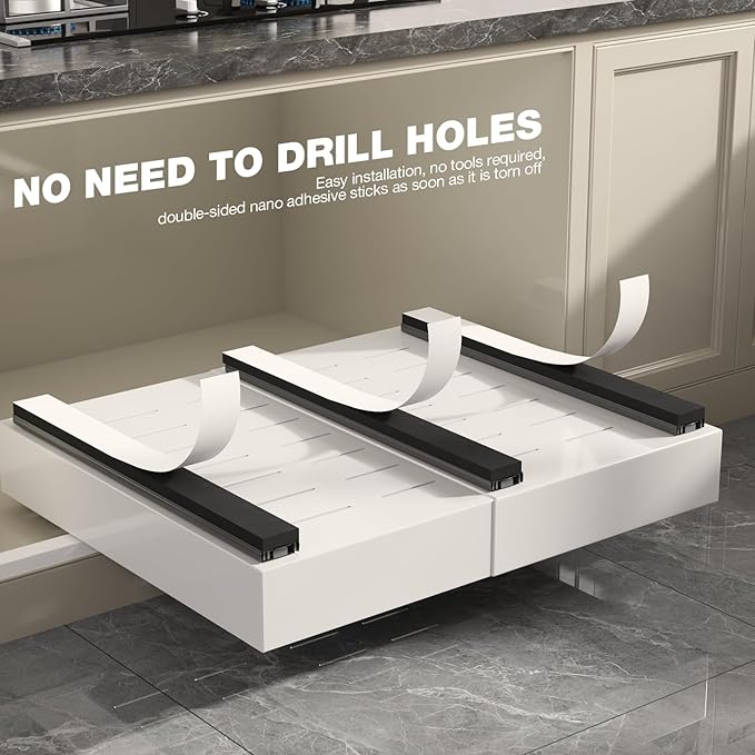 2 Pack Pull Out Cabinet Organizer 18" Deep,Full Extension 3 Slide Rails Slide Out Drawers With Raising Pad for Framed Cabinets,Expandable Width (12.3"-20.5"),No Drill Roll Out shelf,White