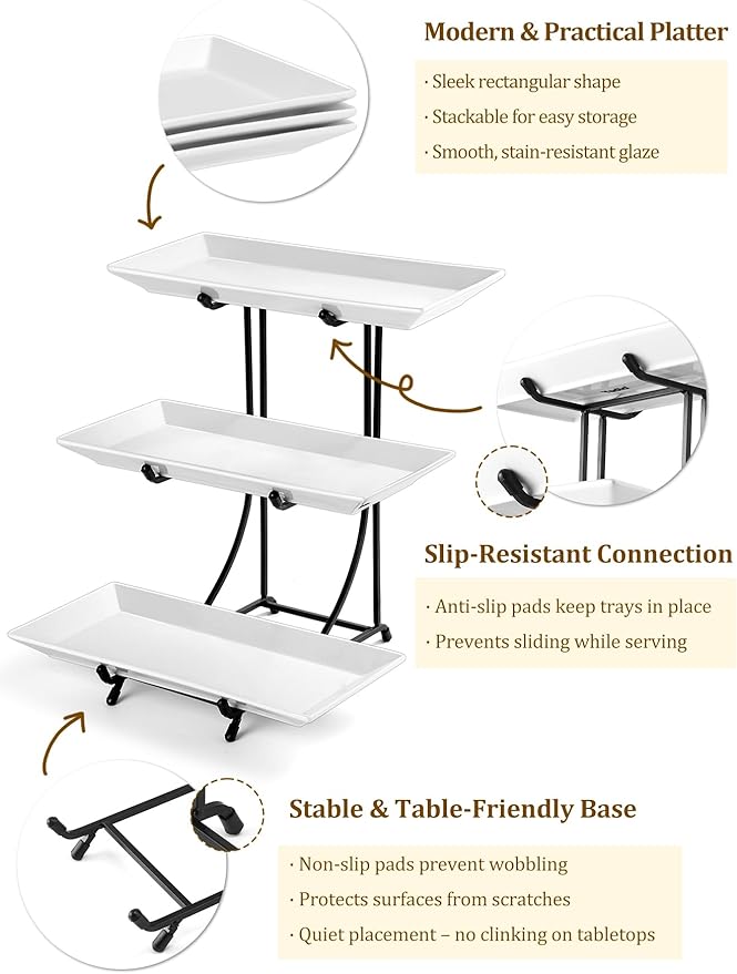 Yedio 3 Tier Serving Tray Set – 12 Inch Porcelain Serving Platters with Pre-Assembled Black Metal Stand, No Installation Required, Tiered Tray for Dessert Fruit Food Display and Party Entertaining