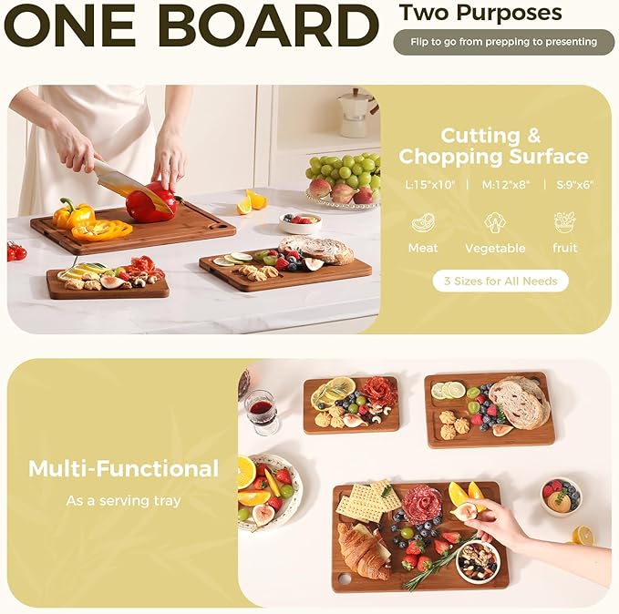 Bamboo Cutting Board for Kitchen Meal Prep & Serving, 3-Piece Wooden Set with Juice Grooves, Side Handles, Non-Slip Mats – Ideal for Meat, Veggies, Fruit – Ideal Gift for the Home (S+M+XL）