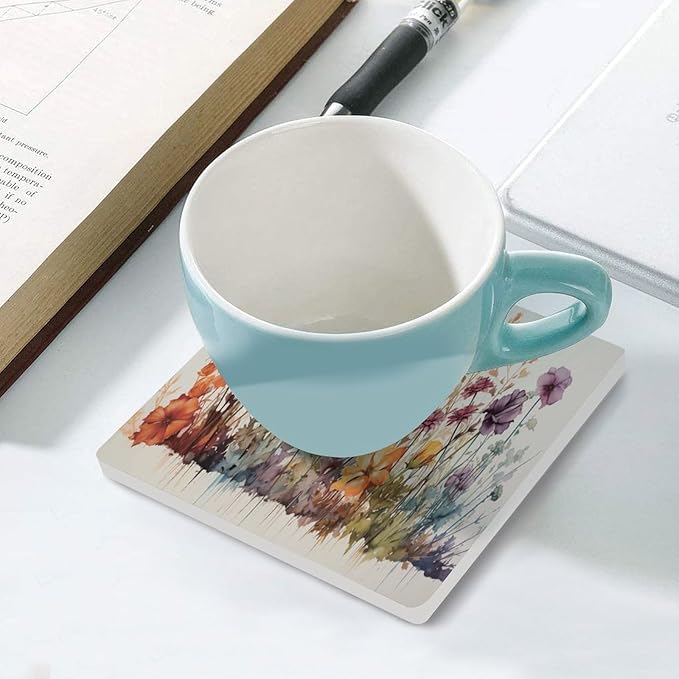 Square-6PCS Floral Ceramic Coasters, Square Absorbent Drink Coasters, Watercolour Abstract Floral Beautiful Florets Design Ceramic Table Coasters for Coffee, Beverage, Wine, Beer Coasters