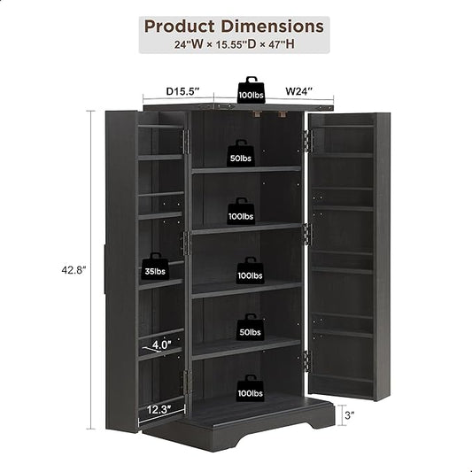 ACCOHOHO 47" Kitchen Pantry, Farmhouse Storage Cabinet with Barn Doors, Organizer and Adjustable Shelves, Rustic Wood Cupboard for Kitchen, Dining Room, Bathroom and Hallway, Black