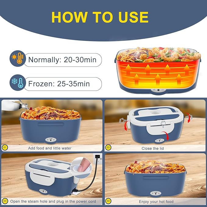Electric Lunch Box Food Heater - 3 in 1 Portable Leakproof Heated Lunch Box for Car/Home/Adults with 1.5L Removable 304 Stainless Steel Container, 60-80W, 12V/24V/110V(Grey Blue)