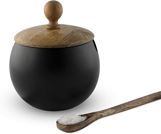 GoCraft Sugar Bowl with Lid and Spoon – Matte Black Ceramic Sugar Container with Wooden Lid, Drum Shape Sugar Jar for Kitchen, Coffee Bar, Tea, Spices & Condiments