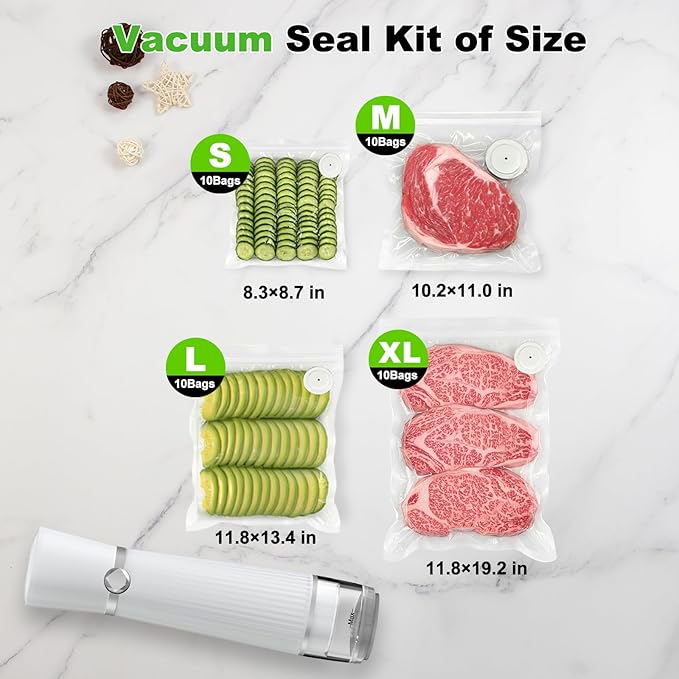 Vacuum Sealer for Food (Compact Vacuum Sealer Machine + 40 Reusable Vacuum Bags), Handheld Vacuum Food saver for 10X Preservation & Fresh, Powerful 80Kpa Portable Vacuum Sealer With 2 Seal Clips
