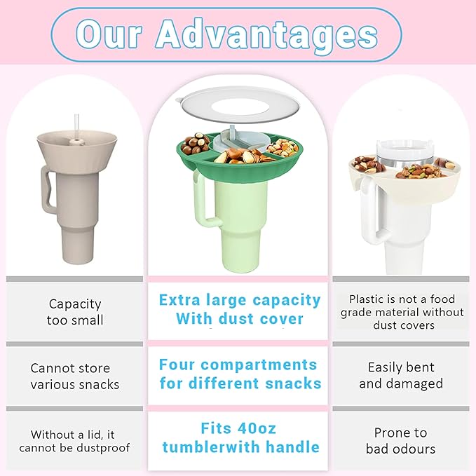 Snack Bowl for Stanley Cup, Silicone Snack Tray with Lid Compatible with Stanley Cup 40 oz, Reusable Snack Ring Suitable for Car Cup Holder (1Pcs, Pink)