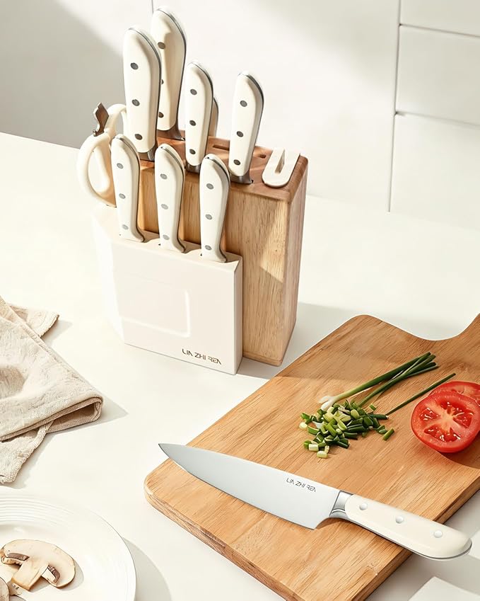 14-Piece Knife Block Set, High-Carbon Stainless Steel Dishwasher Safe Kitchen Knives Detachable Knife Holder, Includes Chef's, Santoku, Bread & Steak Knives(white)