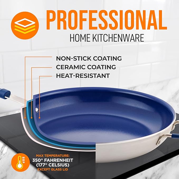 NutriChef 14" Non-Stick Large Frying Pan, Ceramic Coating, Stainless Steel Aluminum Frying Pan with Silicone Handle, Stain-Resistant, PFOA Free – Safe for Gas, Electric, Induction, Ceramic Cooktops