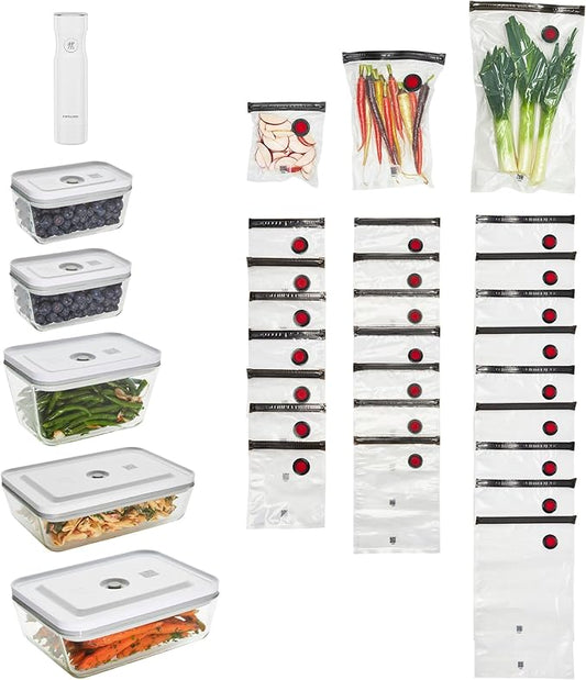 ZWILLING Fresh & Save 32pc Vacuum Starter Set, Vacuum Sealer Machine Set, Sous Vide Bags, Meal prep, Airtight Food Storage Containers Glass