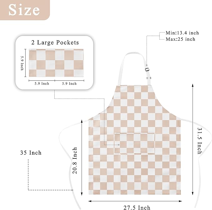 2 Pack Checkered Kitchen Apron, Beige Checkerboard Aprons for Women with Pockets, Chef Apron for Men, Waterproof Aprons for Cooking