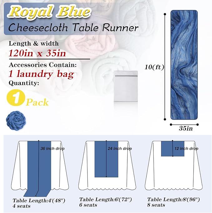 Royal Blue Cheesecloth Table Runner 1 Pack 35" Boho Gauze 120 inches Long Runner Rustic Sheer Fabric Bulk for Baby Shower Wedding Bridal Birthday Party Table Decorations