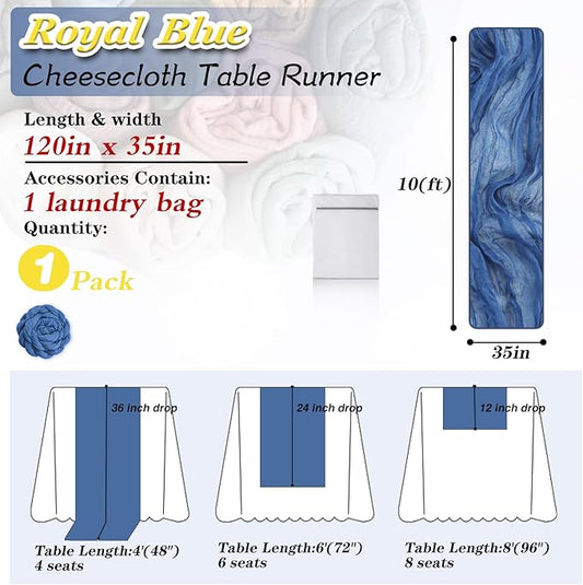 Royal Blue Cheesecloth Table Runner 1 Pack 35" Boho Gauze 120 inches Long Runner Rustic Sheer Fabric Bulk for Baby Shower Wedding Bridal Birthday Party Table Decorations