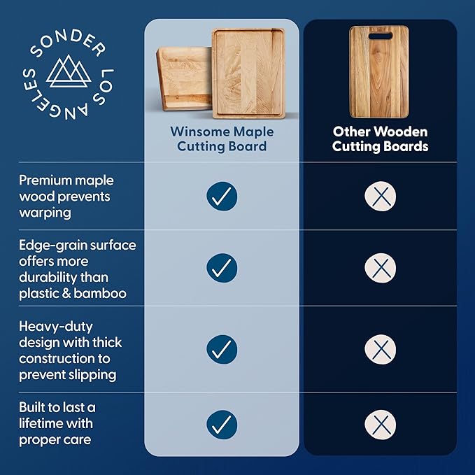 Sonder Los Angeles Winsome Maple Wood Cutting Board Made in USA | Maple Edge Grain Cutting Board for Kitchen with Juice Groove & Sorting Compartment | Gift Box Included | 17x13x1.5 in