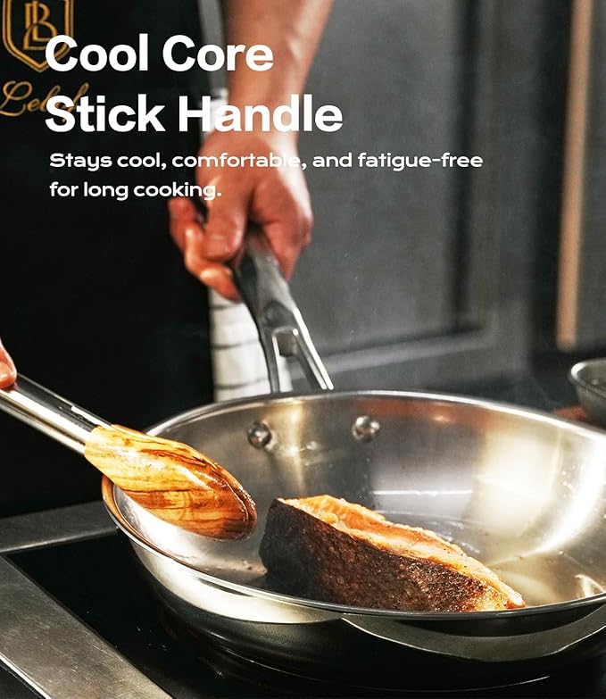 12 Inch Stainless Steel Pan, 5-Ply Clad Base 800℉ Safe Stainless Steel Frying Pan for Even Heating, Premium Cookware for Induction, Gas, Electric&Oven