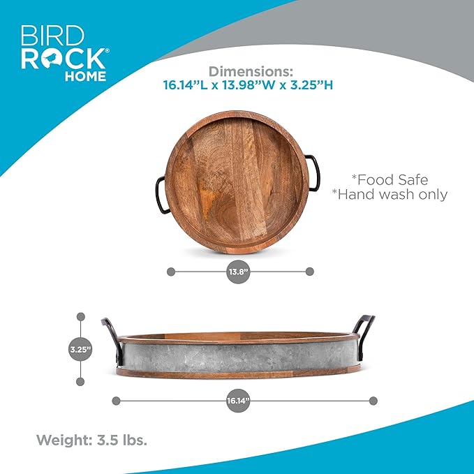 BIRDROCK HOME Large Round Wooden Serving Tray with Handles & Iron Accents - Round Barrel Tray for Living Room, Kitchen, Coffee Table Decor, Breakfast, Cheese Board & Bar - Tray Platter in Lap & Couch