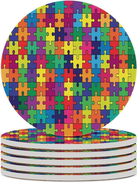 Round-6PCS Gamer Drink Coasters, Round Modern Ceramic Absorbent Coasters, Gamer Colorful Puzzle Toy Decor Desk Coffee Table Coaster for Beverage Cup Tea Coasters
