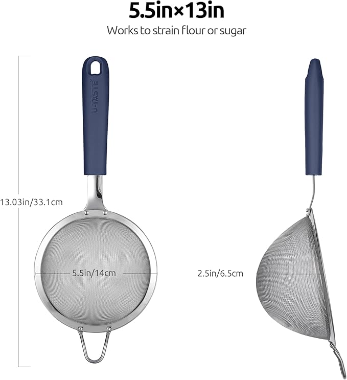 18/8 Stainless Steel Mesh Strainer: U-Taste 5.5 Inch Kitchen Fine Mesh Sieve Food Colander with Riveted Sturdy Silicone Handle and 30 Mesh Hole for Straining Flour, Pasta, Fruit, Quinoa(Midnight Blue)