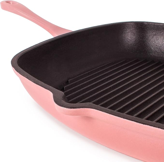 Berghoff Neo 2Pc Enameled Cast Iron Grill Set, Grill Pan 11 inches, Bacon/Steak Press 8 inches, Fast, Evenly Heat, Oven safe (Pink)