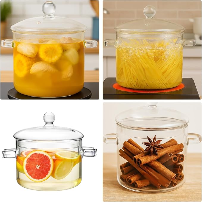 Glass Cooking Pot, 1.9L/64oz Heat-Resistant Borosilicate Glass Saucepan with Cover, Cookware Set Stovetop Pot for Cooking, Soup, Milk, Tea, Fruit and Spices