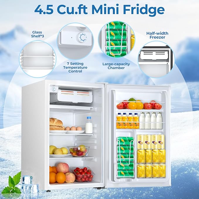 4.5 Cu.ft Mini Fridge with Freezer, Compact Refrigerator with Reversible Single Door, Adjustable Thermostat, Low Noise, Energy Efficient for Office, Dorm, Bedroom, Apartment White