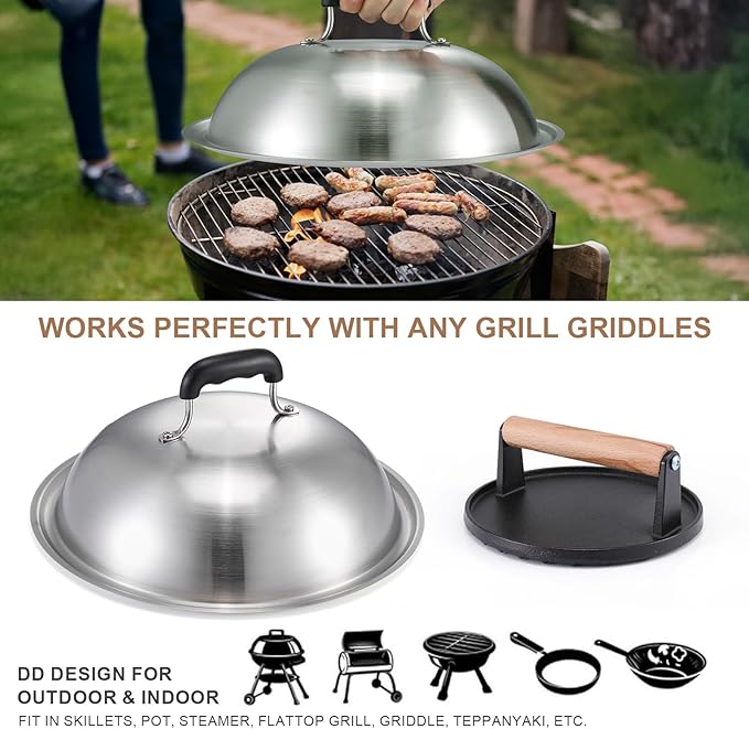 Smash Burger Press Kit, 7” Cast Iron Smash Burger Press with 12.5” Stainless Steel Griddle Dome & Burger Patty Papers, Heavy Duty Griddle Accessories for Family Cooking & Outdoor Grilling