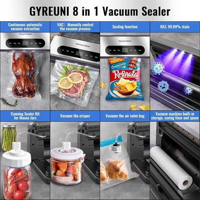 8 in 1 Food Vacuum Sealer Machine With Canning Sealer,Multi-function Food Sealer Built-in UV Cutter/Bag Storage Act on Dry Wet oil Crispy,Vacuum Sealer with Cutter Attached 2 Bag Rolls/Marker Pen