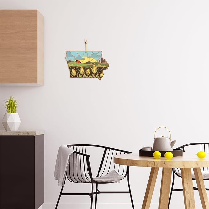 Totally Bamboo Iowa State Shaped Cutting Board and Charcuterie Serving Platter with Artwork by Summer Stokes, Includes Hang Tie for Wall Display