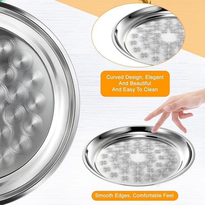 8 Pack Stainless Steel Round Serving Tray with Swirl Pattern Bulk Large Round Tray Silver Metal Display Serving Platter for Coffee Party Club Home (14 Inch)