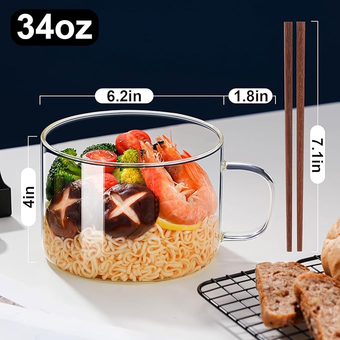 Ramen Bowls Microwavable, Glass Soup Bowls With Handles, 34oz/1000ml Soup Mug With lid, Use-Friendly Ramen Bowl Set With Chopsticks
